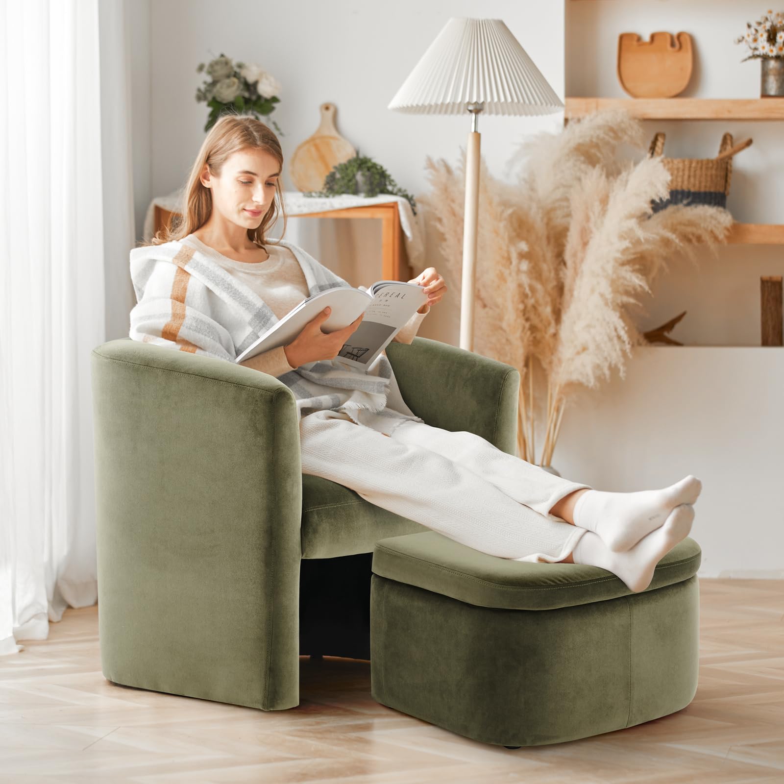 Morden Velvet Living Room Side Chair with Storage Ottoman Set of 2, Single Sofa Armchair with Lounge Seat, Upholstered Barrel Accent Chair for Bedroom/Office/Reading Spaces, Green