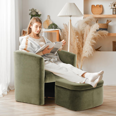 Morden Velvet Living Room Side Chair with Storage Ottoman Set of 2, Single Sofa Armchair with Lounge Seat, Upholstered Barrel Accent Chair for Bedroom/Office/Reading Spaces, Green