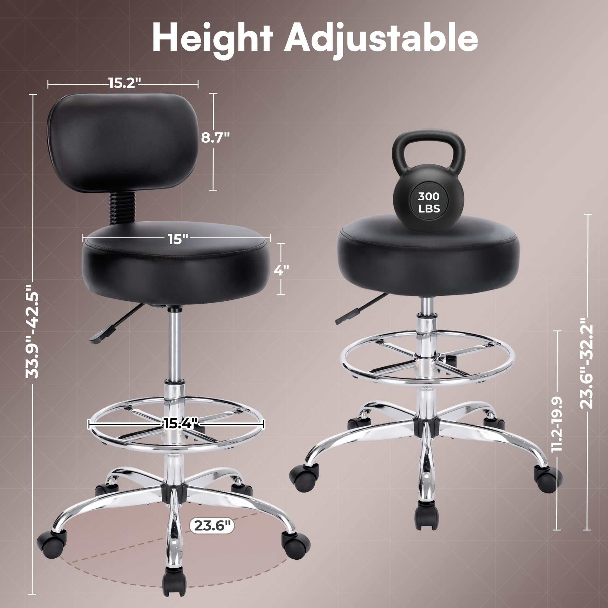Drafting Chair with Back, Adjustable Foot Rest Rolling Stool, Multi-Purpose Office Desk Chair, Thick Seat Cushion for Home Bar Kitchen Shop - Black