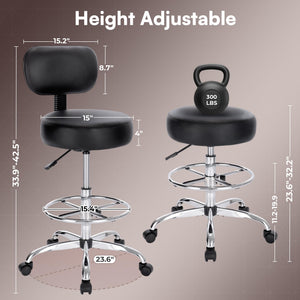 Drafting Chair with Back, Adjustable Foot Rest Rolling Stool, Multi-Purpose Office Desk Chair, Thick Seat Cushion for Home Bar Kitchen Shop - Black