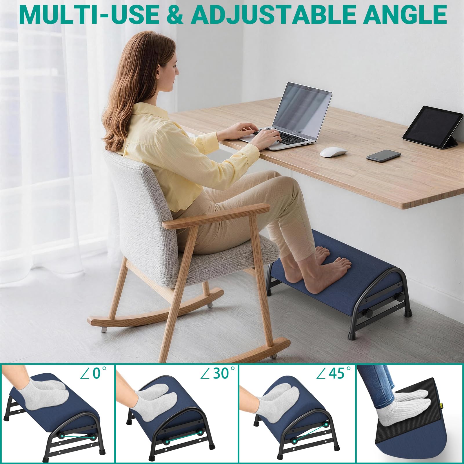 Adjustable Foot Rest for Under Desk at Work, Ergonomic Foot Stools with 7 Positions, Elevated Cushion Under Desk Footrest with Metal Frame, Leg Rest Used for Home, Car, PC Gaming Accessories