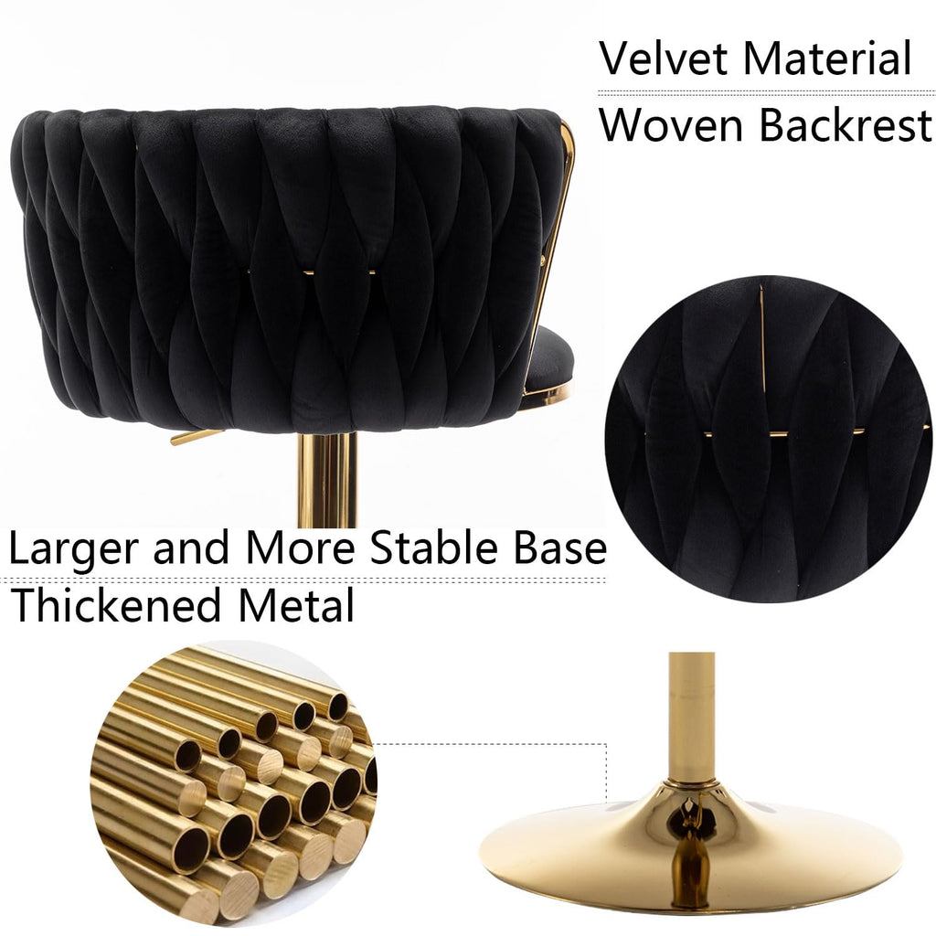 Gold Velvet Bar Stools Set of 4, Swivel Counter Height Bar Stools with Back, Adjustable Woven Barstools for Kitchen Island, Pub, Club (Black)