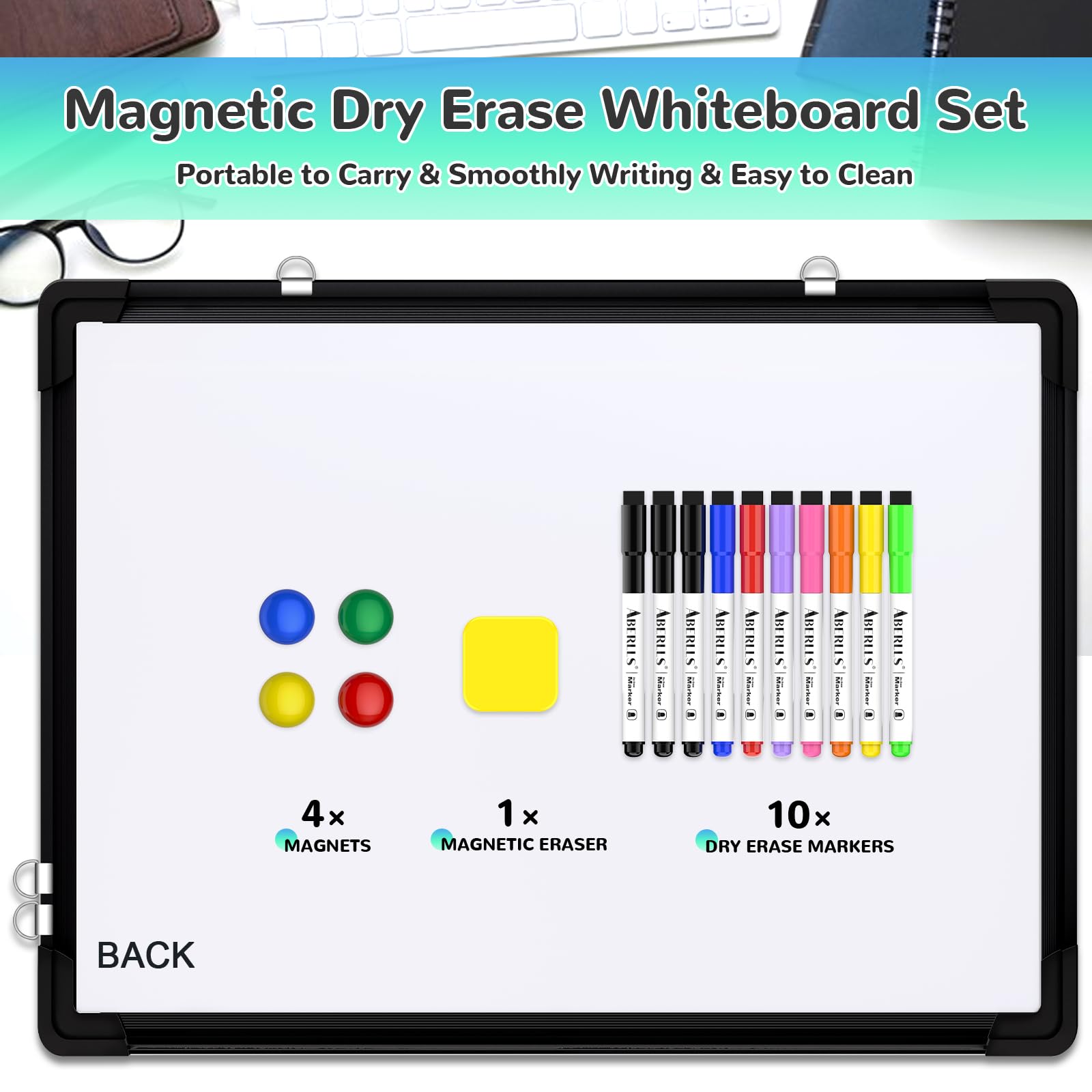 Monthly Calendar Whiteboard for Wall, 24x18 Inches Dry Erase Board with Cork Board Combo, Magnetic White Board, Double-Sided Hanging Portable Board for Office School Home Kitchen Planner, Black