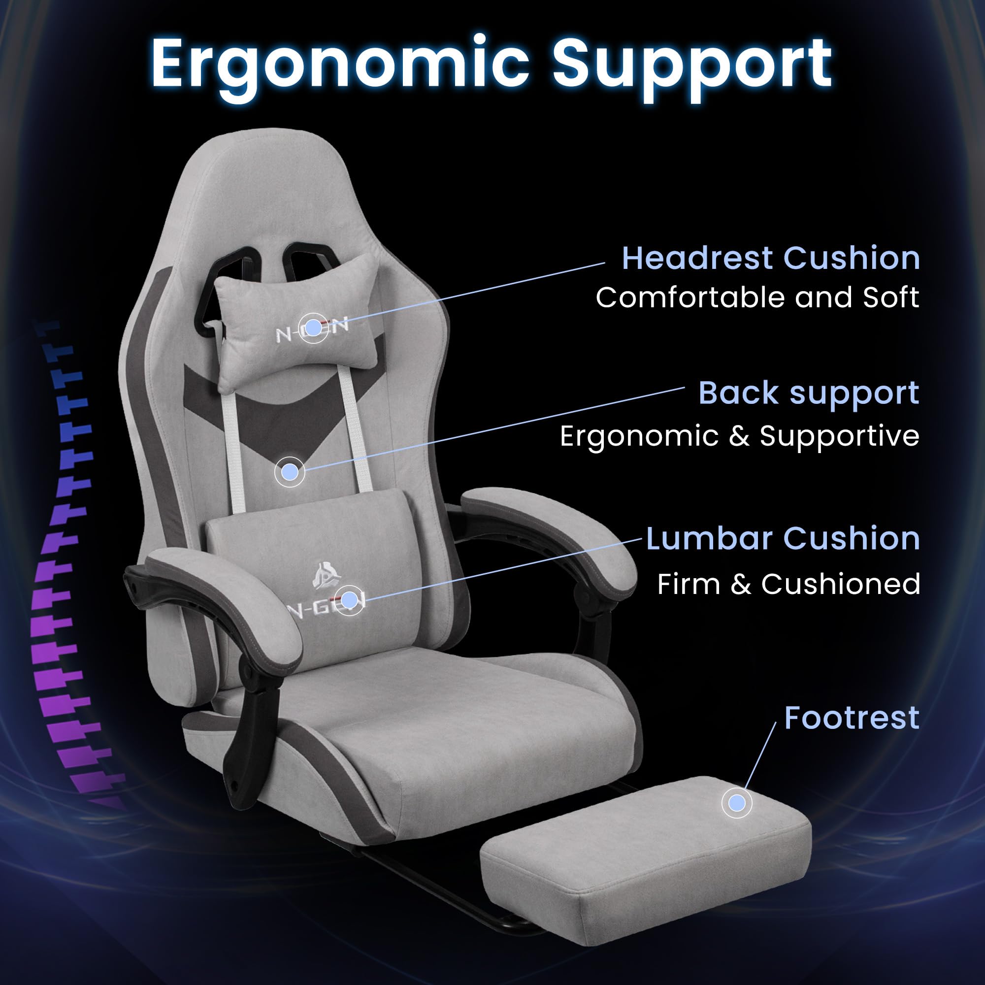 Video Gaming Chair with Footrest Lumbar Support for Home Office High Back Recliner Height Adjustable Ergonomic Comfy Fabric Computer Desk Chair (Grey)