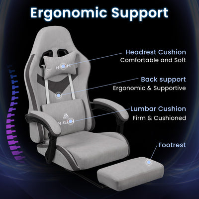 Video Gaming Chair with Footrest Lumbar Support for Home Office High Back Recliner Height Adjustable Ergonomic Comfy Fabric Computer Desk Chair (Grey)