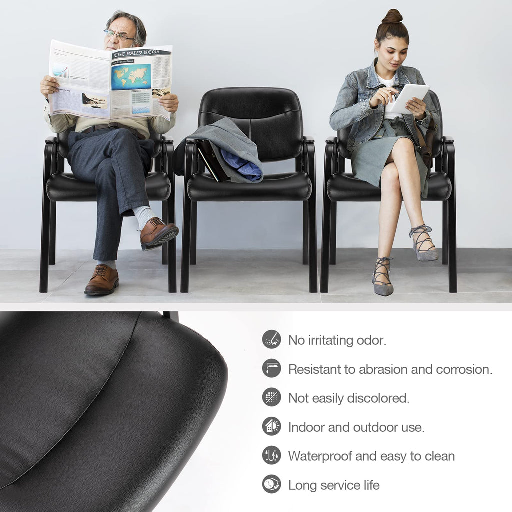 Guest Reception Chair - Waiting Room Chair Set of 2 with Fixed PU Leather Padded Armrest, Clinic Chairs with Lumbar Support, Office Desk Chairs Without Wheels Restaurant, Library, Barber Store