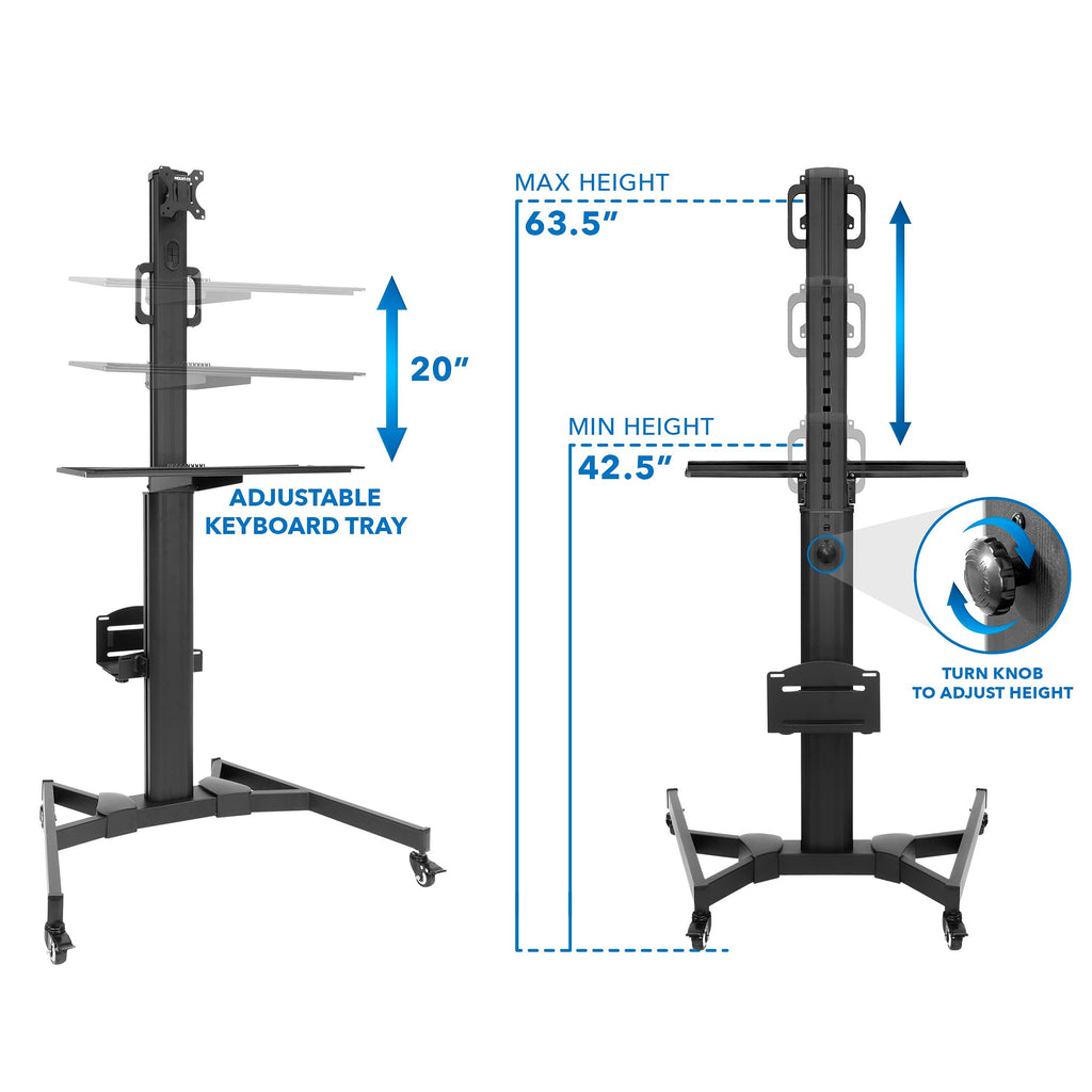 Computer Cart Mobile Desk Workstation with Monitor Mount for Screen up to 32", Rolling Computer Desk PC Cart, Keyboard & Mouse Tray, Rolling Stand with Adjustable CPU Holder, 63.5" Tall