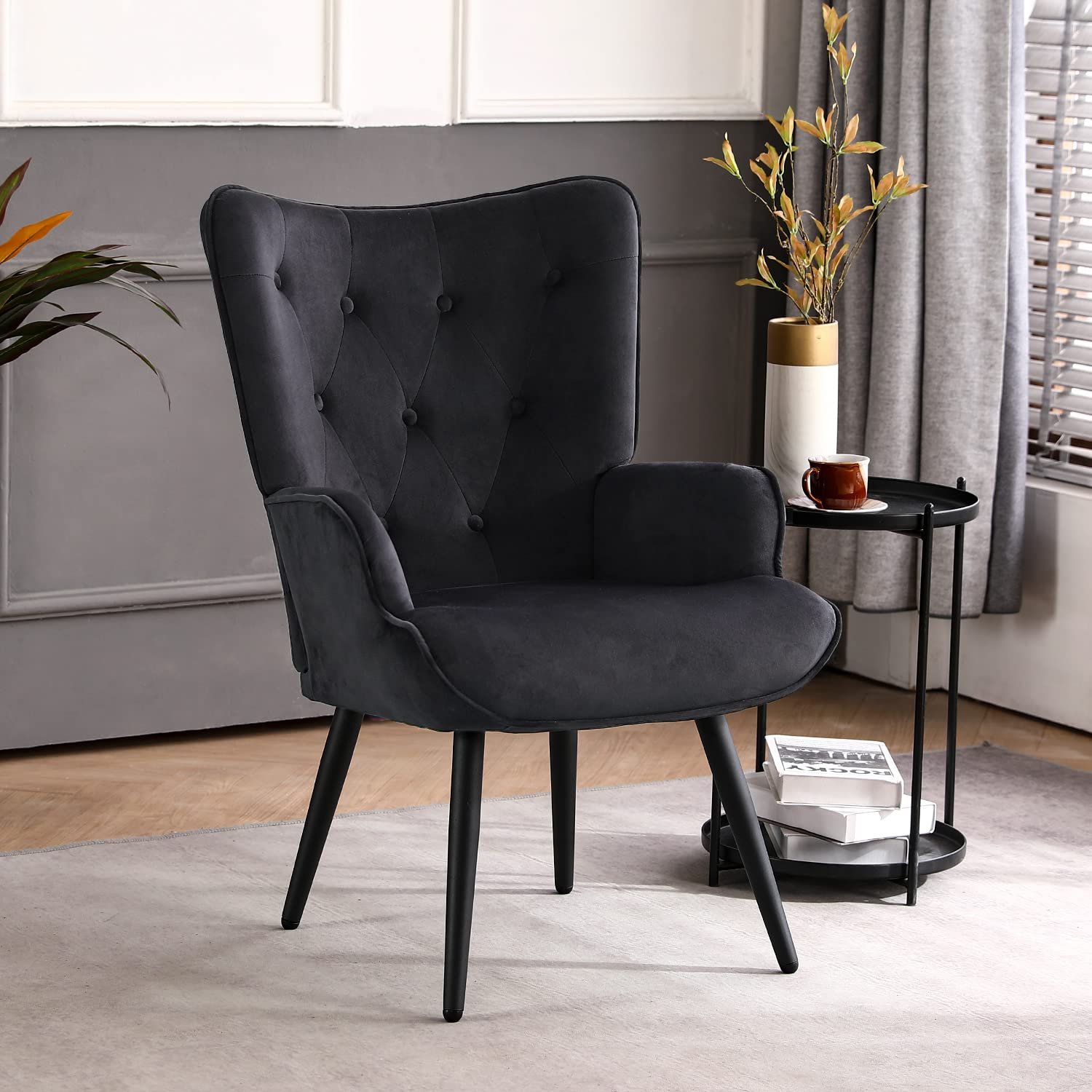 Velvet Accent Chair for Living Room, Upholstered Reading Chair with High Backrest, Tufted-Button Wingback Armchair for Bedroom, Dressing Room, Home Office, Black, Set of 2