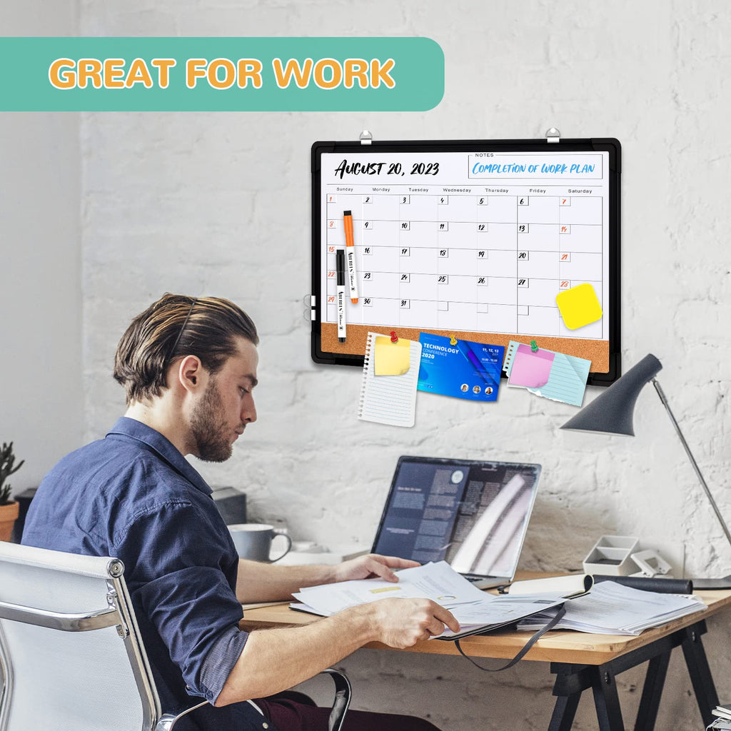 Monthly Calendar Whiteboard for Wall, 17x13 Inches Dry Erase Board with Cork Board Combo, Small Magnetic White Board, Double-Sided Hanging Portable Board for Office School Home Kitchen Planner, Black