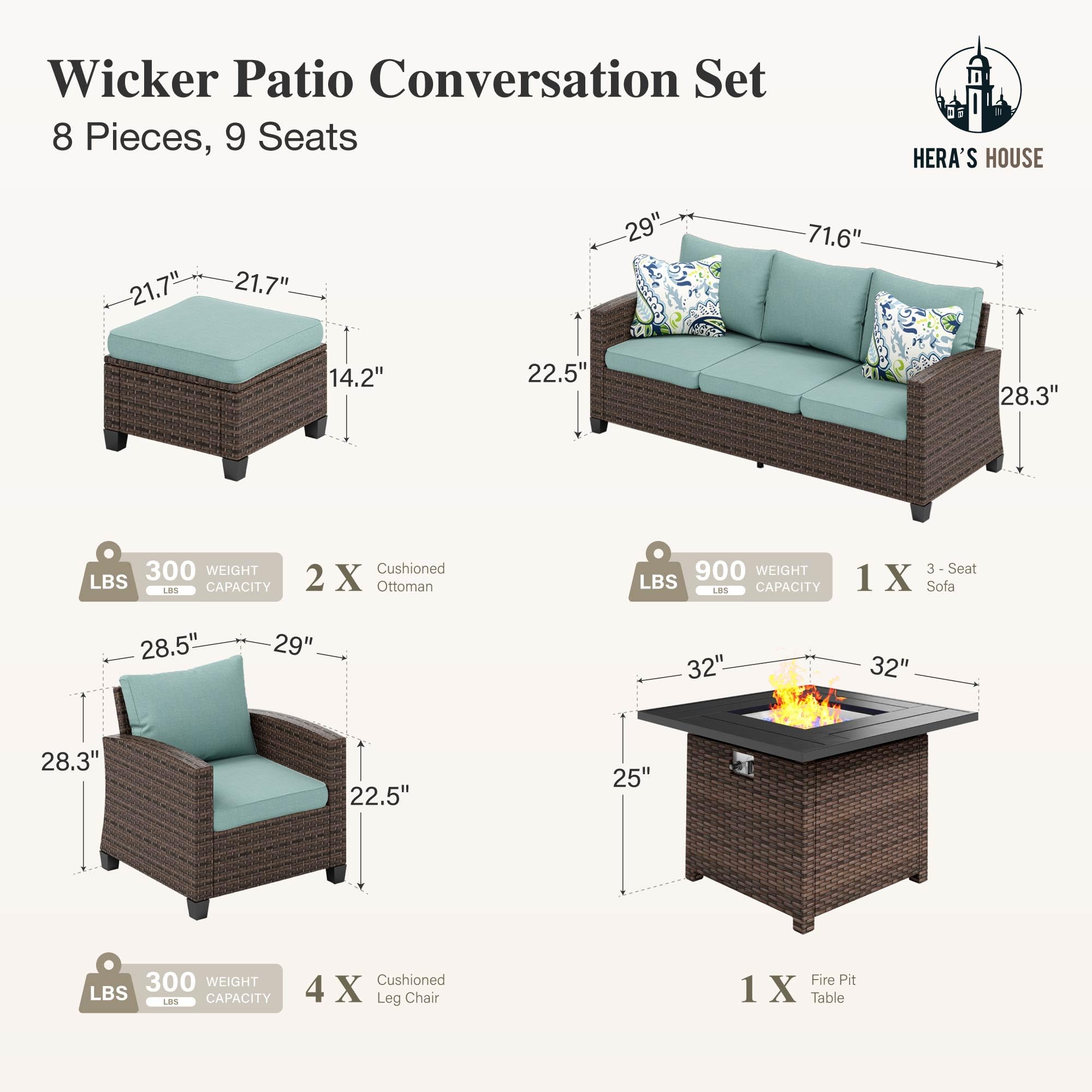 Wicker Patio Furniture Set with Fire Pit, 8 Pieces Outdoor Sectional Conversation Sets, Deep Seating Sofa for Lawn Deck Garden, Blue