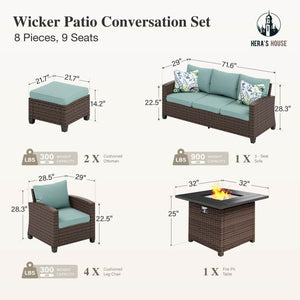 Wicker Patio Furniture Set with Fire Pit, 8 Pieces Outdoor Sectional Conversation Sets, Deep Seating Sofa for Lawn Deck Garden, Blue