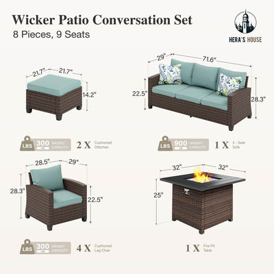 Wicker Patio Furniture Set with Fire Pit, 8 Pieces Outdoor Sectional Conversation Sets, Deep Seating Sofa for Lawn Deck Garden, Blue
