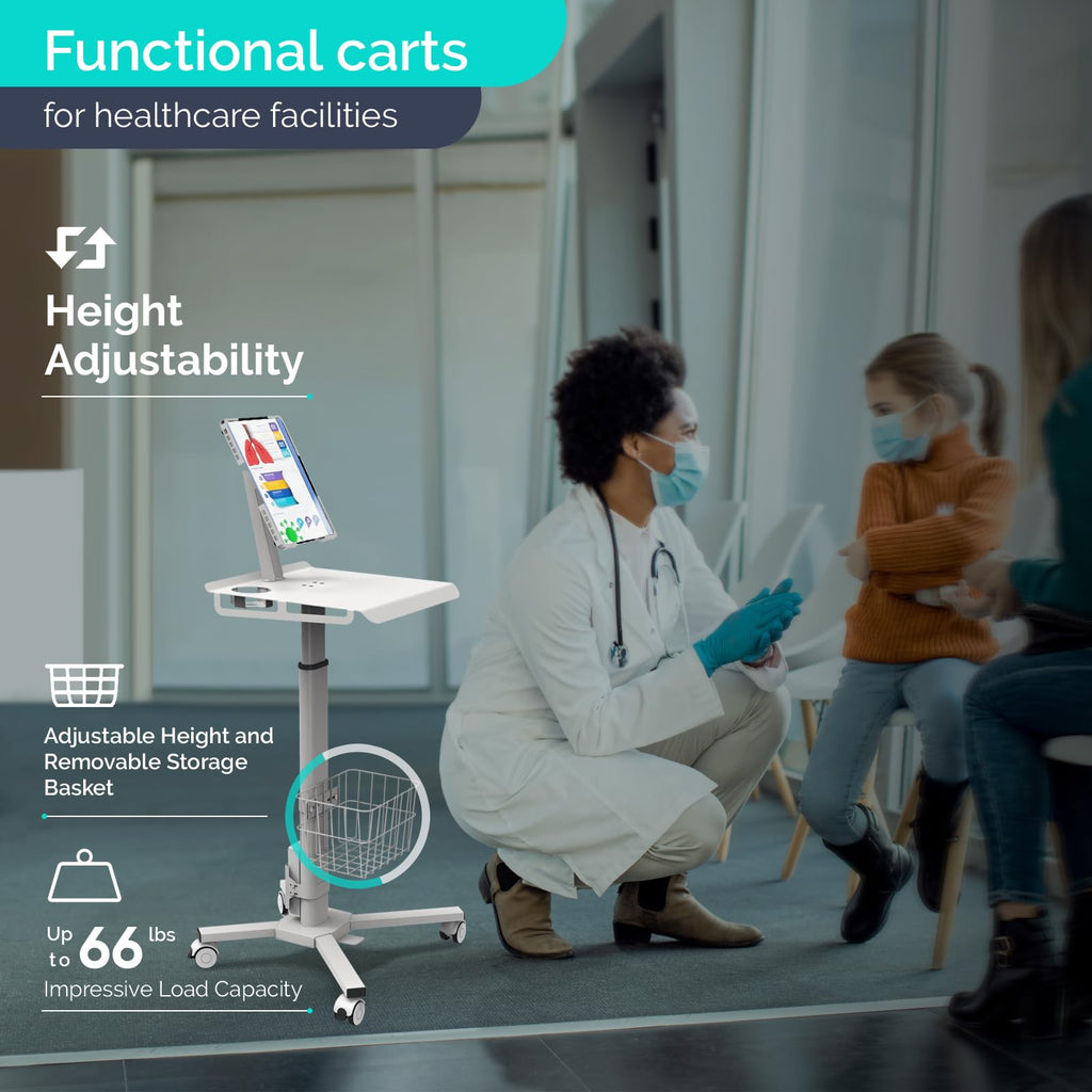 Adjustable Rolling Medical Cart: Pneumatic Mobile Workstation with iPad Enclosure for 9.7-13" iPad and Tablet - Ideal for Hospital Dental Clinic Office