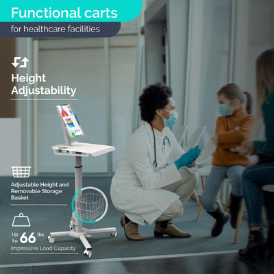Adjustable Rolling Medical Cart: Pneumatic Mobile Workstation with iPad Enclosure for 9.7-13