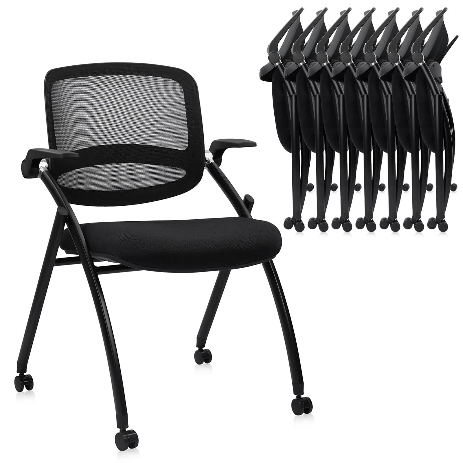 8PACK, Stackable & Foldable Chairs with Flip Up Armrests, Reception Guest Chairs with Wheels, Ergonomic Curved Mesh Back Folding Chair for Office Meeting Schools Conference Waiting Room