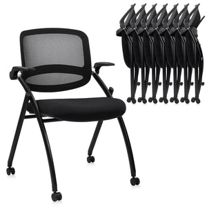 8PACK, Stackable & Foldable Chairs with Flip Up Armrests, Reception Guest Chairs with Wheels, Ergonomic Curved Mesh Back Folding Chair for Office Meeting Schools Conference Waiting Room