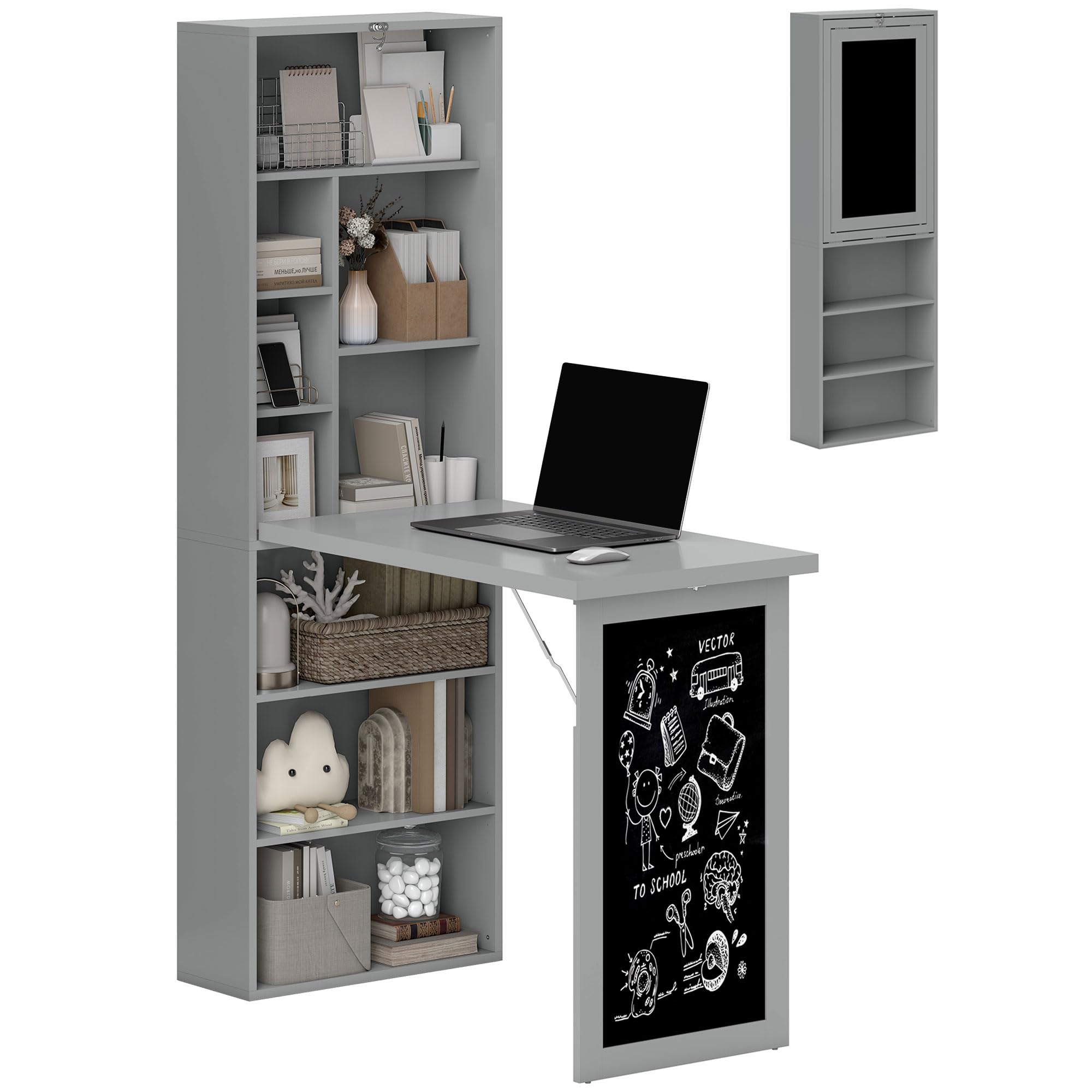 Fold-Out Convertible Writing Table, Computer Desk with Blackboard and Side Shelf Multi-Function Home Office Workstation, Charcoal Gray