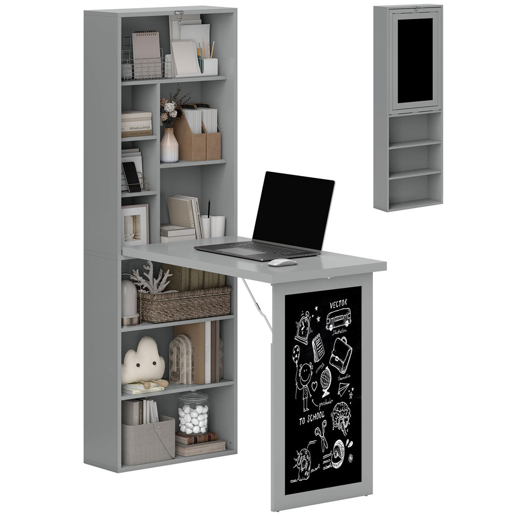 Fold-Out Convertible Writing Table, Computer Desk with Blackboard and Side Shelf Multi-Function Home Office Workstation, Charcoal Gray