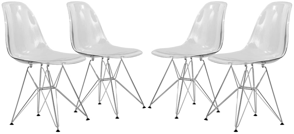 Dining, Modern Chrome Eiffel Base and Curved Back Design, Ergonomic and Lightweight Accent Side Chair for Mid-Century Home, Kitchen, and Café, Set of 4, Unspecified, Clear