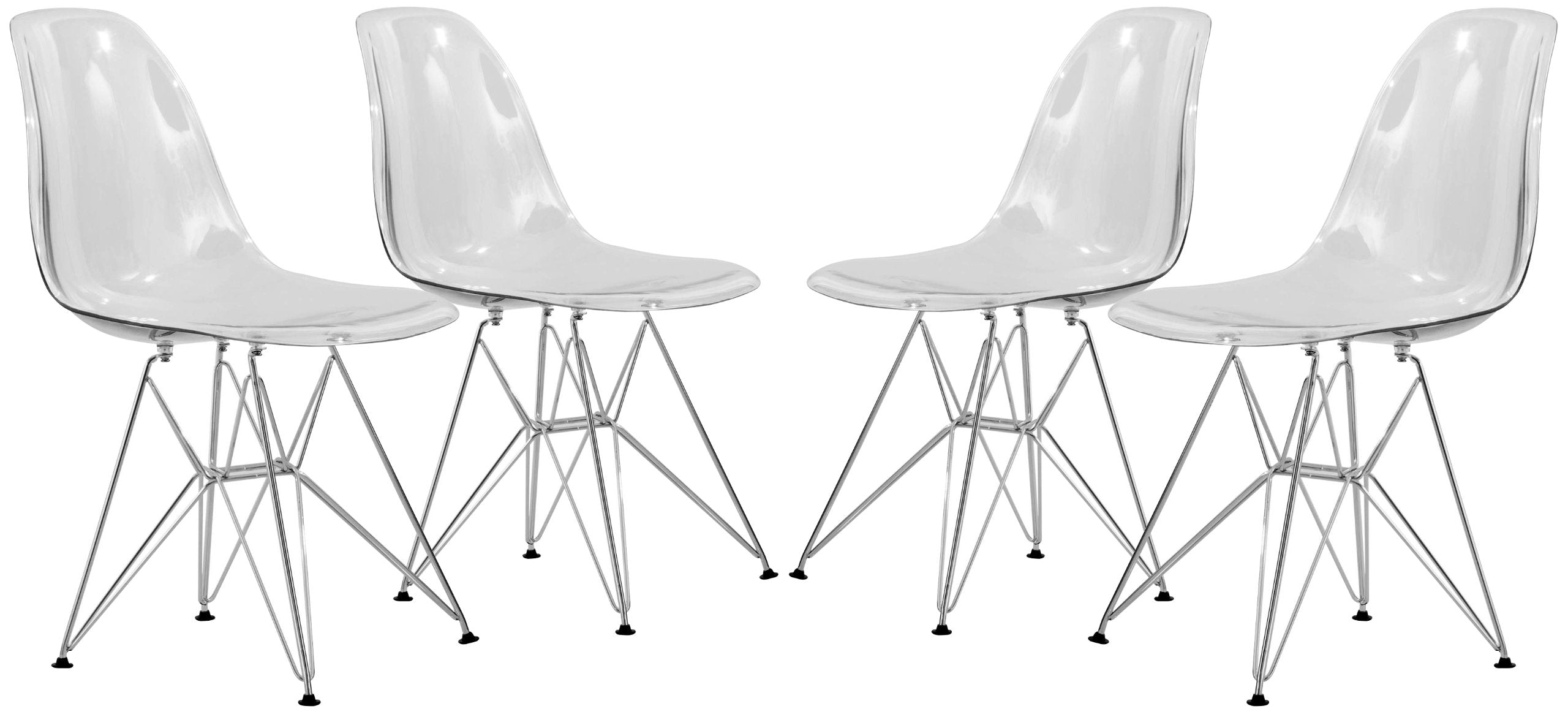 Dining, Modern Chrome Eiffel Base and Curved Back Design, Ergonomic and Lightweight Accent Side Chair for Mid-Century Home, Kitchen, and Café, Set of 4, Unspecified, Clear