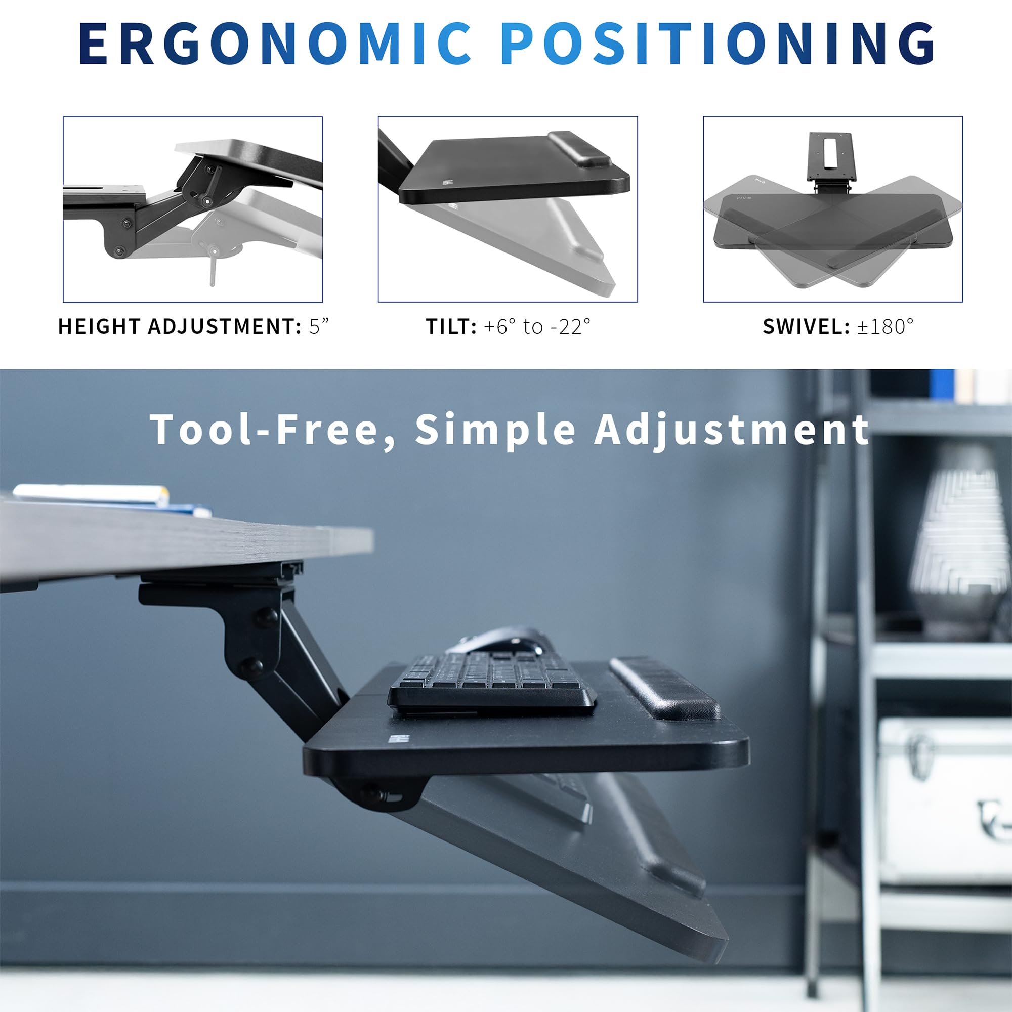 Adjustable Computer Keyboard and Mouse Platform Tray, 34 x 10 inch Ergonomic Under Table Desk Mount Drawer Underdesk Shelf, Black, MOUNT-KB36B