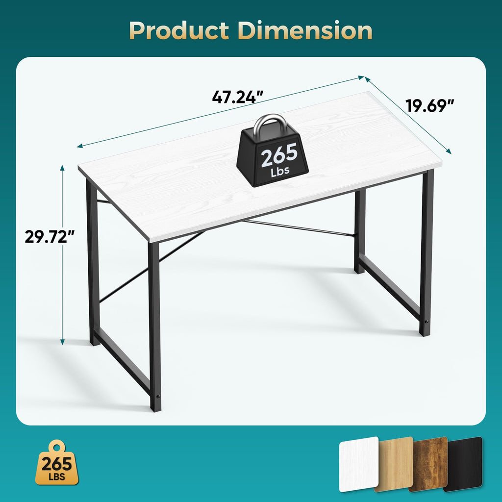 47 Inch Computer Desk for Home Office, Modern Study Work Table Simple Modern Style for Bedroom Small Space, Writing Desks with X-Shaped Reinforcement, Wood White