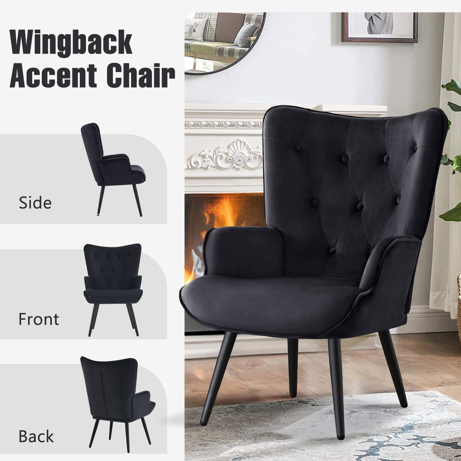Velvet Accent Chair for Living Room, Upholstered Reading Chair with High Backrest, Tufted-Button Wingback Armchair for Bedroom, Dressing Room, Home Office, Black, Set of 2