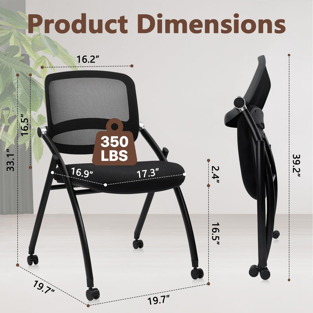 2PACK, Stackable & Foldable Chairs with Wheels, Reception Guest Chairs with Lumbar Support, Ergonomic Curved Mesh Back Folding Chair for Office Schools Conference Waiting Room, Black