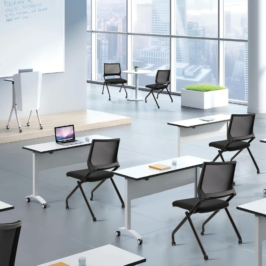 20PACK, Stackable & Foldable Chairs with Wheels, Reception Guest Chairs with Lumbar Support, Ergonomic Mesh Back Folding Chair for Office Schools Training Conference Waiting Room, Black
