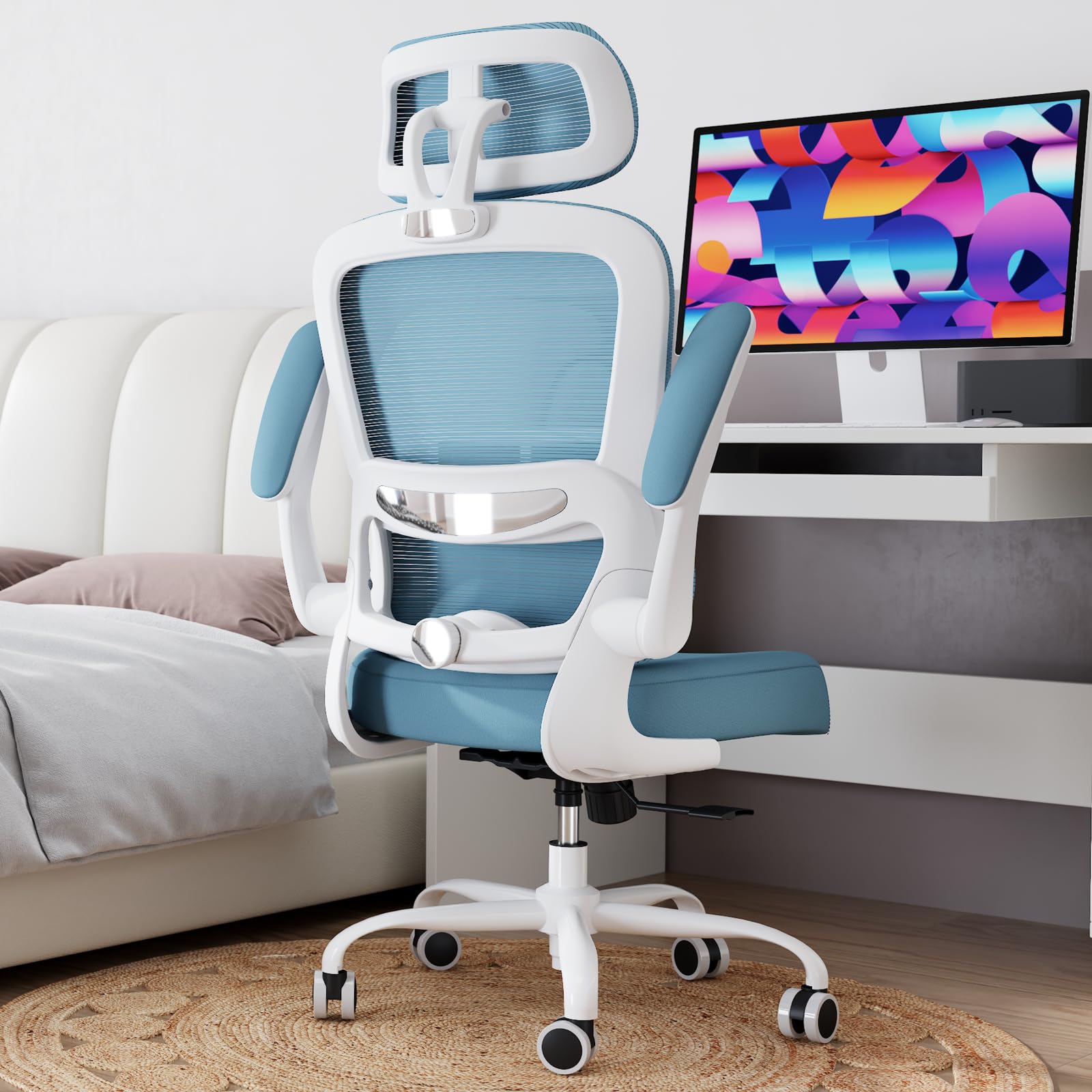 Office Chair Ergonomic Desk Chair, 330 LBS Home Mesh Office Desk Chairs with Wheels, Comfortable Gaming Chairs (Sky Blue)