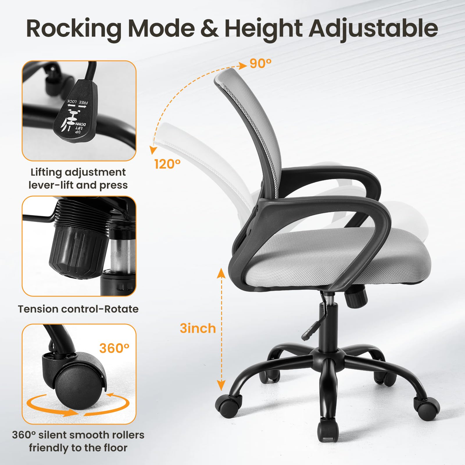 Office Desk Chair - Ergonomic Mid Back with Lumbar Support & Rocking Mode, Height Adjustable with Fixed Armrest, Storage Back for Computer, Gaming, Conference, Meeting Room, 360° Swivel, Grey