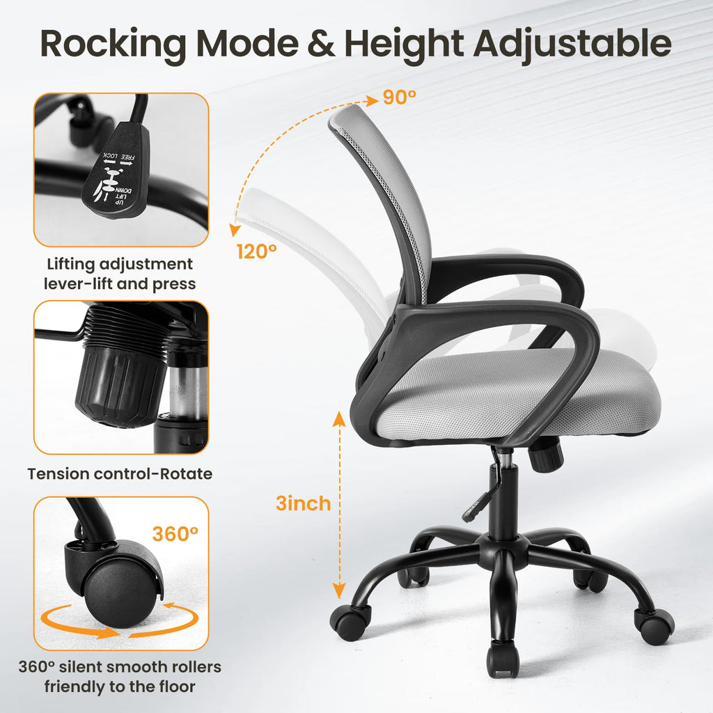 Office Desk Chair - Ergonomic Mid Back with Lumbar Support & Rocking Mode, Height Adjustable with Fixed Armrest, Storage Back for Computer, Gaming, Conference, Meeting Room, 360° Swivel, Grey