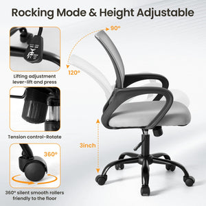 2 Pack, Office Desk Chair - Ergonomic Mid Back with Lumbar Support & Rocking Mode, Height Adjustable with Fixed Armrest, for Home, Computer, Gaming, Conference, Meeting Room, 360° Swivel, Grey,