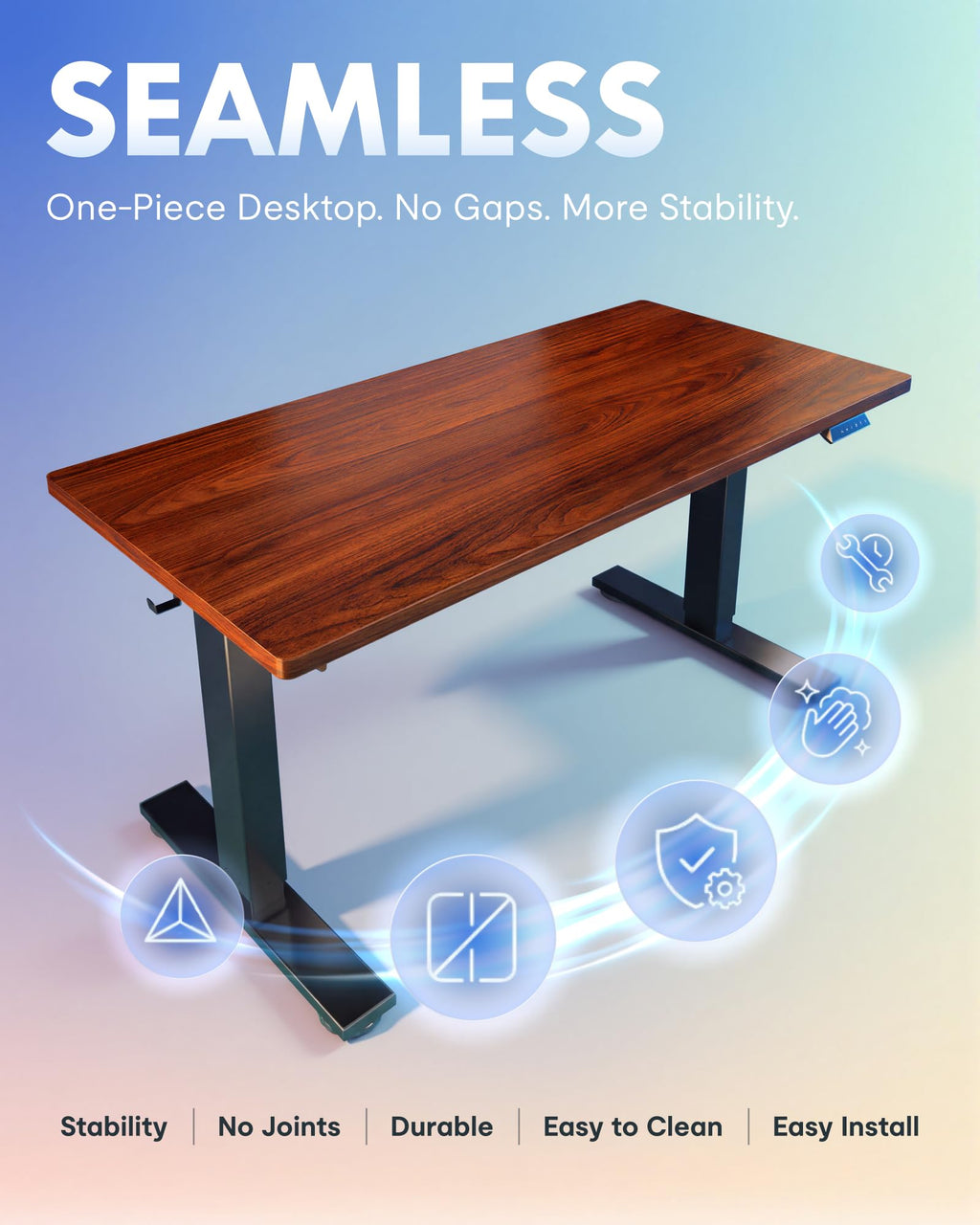 EN1 One-Piece Standing Desk, Electric Adjustable with 4 Memory Presets, 176 LBS Capacity, Stable & Quiet, Seamless Desktop for Home Office & Dual Monitors, 55"x28" Mahogany