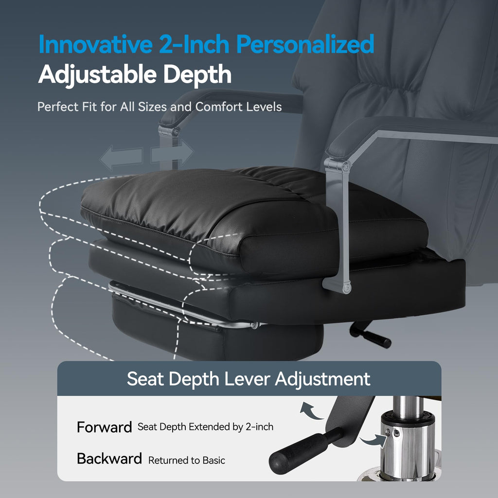 160° Reclining Office Chair with Footrest, 10" Thick Cloud Cushion Executive Desk Chair, Extra Wide Cross-Legged Ergonomic Chair for Big and Tall, Adjustable Seat Depth, Easy Assembly, Black