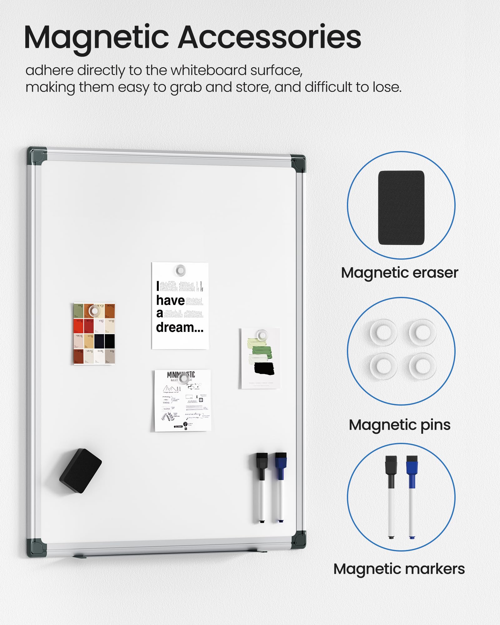 Magnetic White Board Kit for Wall 24" x 18", 1 Dry Eraser & 2 Multicolor Markers & 4 Magnetic Pins, Sliver Reinforced Aluminum Frame for Home, School, Office