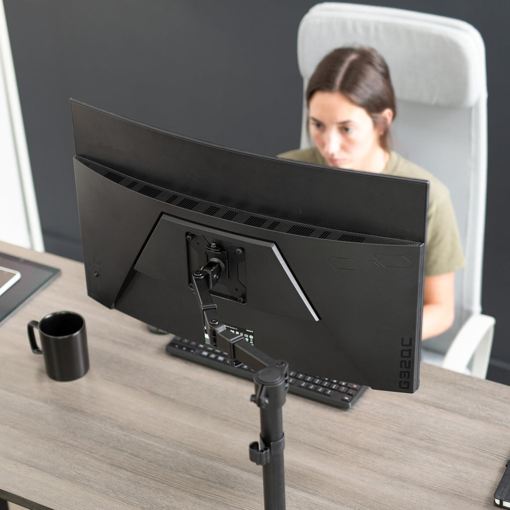 Single 13 to 38 inch Ultrawide Monitor Arm Desk Mount, Regular Screens up to 32 inches, 22 lbs capacity, Fully Adjustable Stand with C-Clamp and Grommet Base, Black, STAND-V001