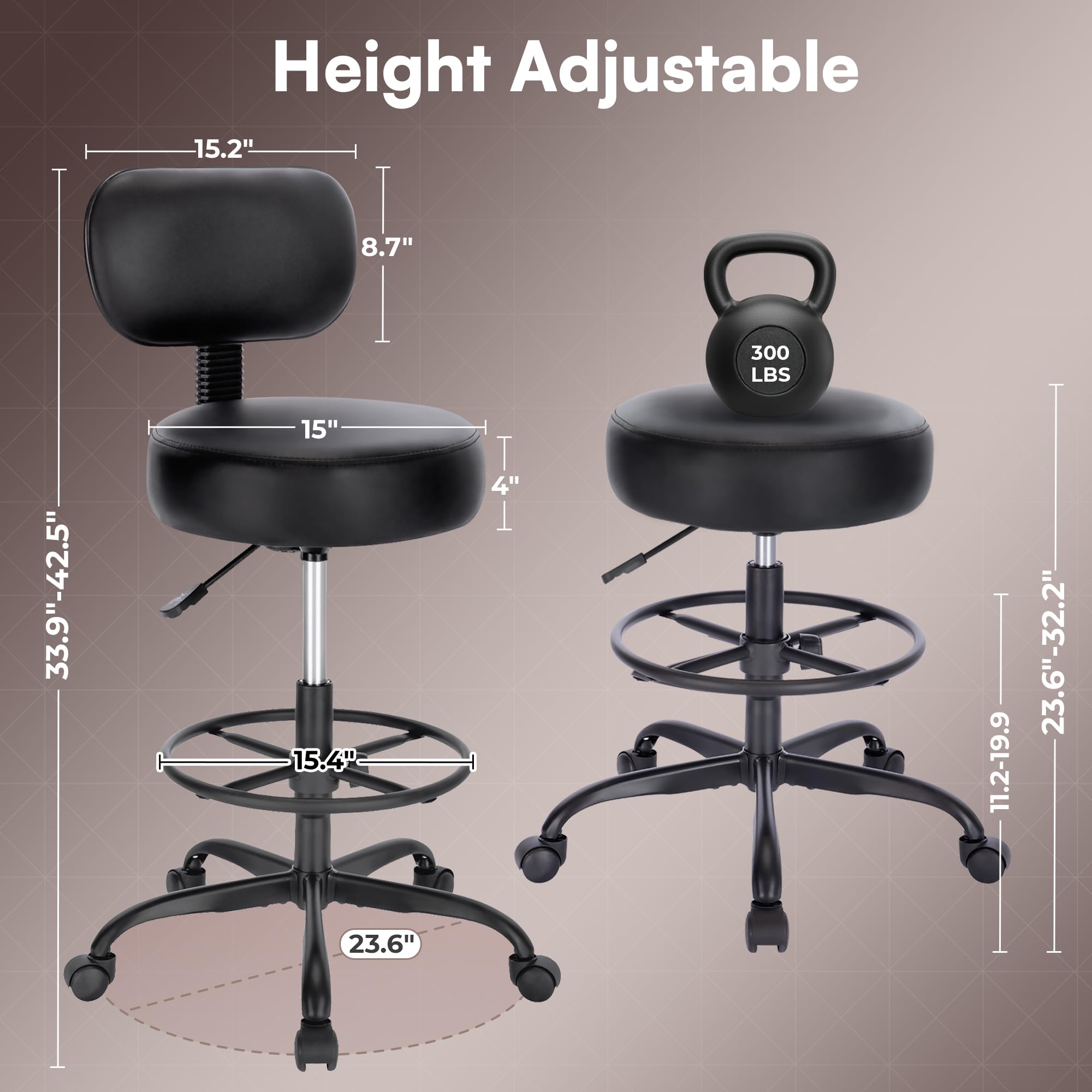 Drafting Chair with Back, Adjustable Foot Rest Rolling Stool, Multi-Purpose Office Desk Chair, Thick Seat Cushion for Home Bar Kitchen Shop - All Black