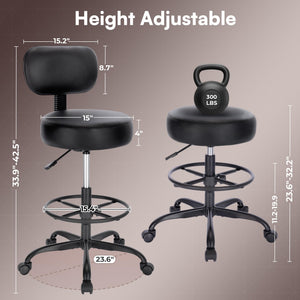Drafting Chair with Back, Adjustable Foot Rest Rolling Stool, Multi-Purpose Office Desk Chair, Thick Seat Cushion for Home Bar Kitchen Shop - All Black