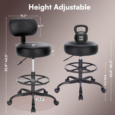 Drafting Chair with Back, Adjustable Foot Rest Rolling Stool, Multi-Purpose Office Desk Chair, Thick Seat Cushion for Home Bar Kitchen Shop - All Black