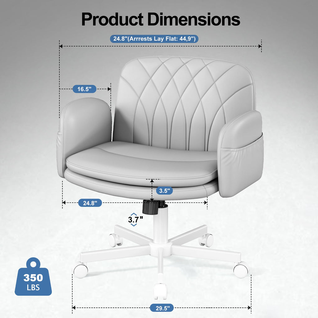 Criss Cross Chair with Armrests & Wheels for Cross-Legged Sitting, Comfortable PU Leather Vanity Chair, Office Desk Chairs with Adjustable Rocking Function, for Home, Bedroom Gray