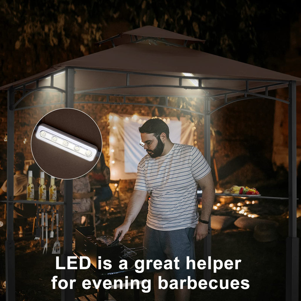 8x5 Grill Gazebo - Outdoor BBQ Canopy Shelter with Led Light for Patio Backyard Grilling (Brown)