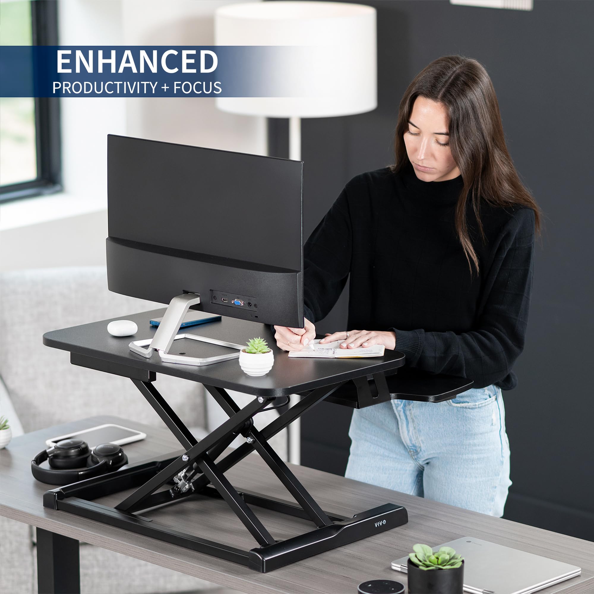 26 inch Desk Converter, K Series, Height Adjustable Sit to Stand Riser, Dual Monitor and Laptop Workstation with Keyboard Tray, Black, DESK-V026KB