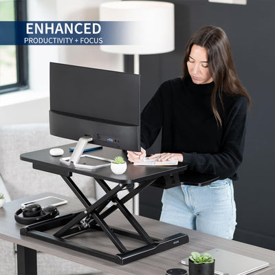 26 inch Desk Converter, K Series, Height Adjustable Sit to Stand Riser, Dual Monitor and Laptop Workstation with Keyboard Tray, Black, DESK-V026KB