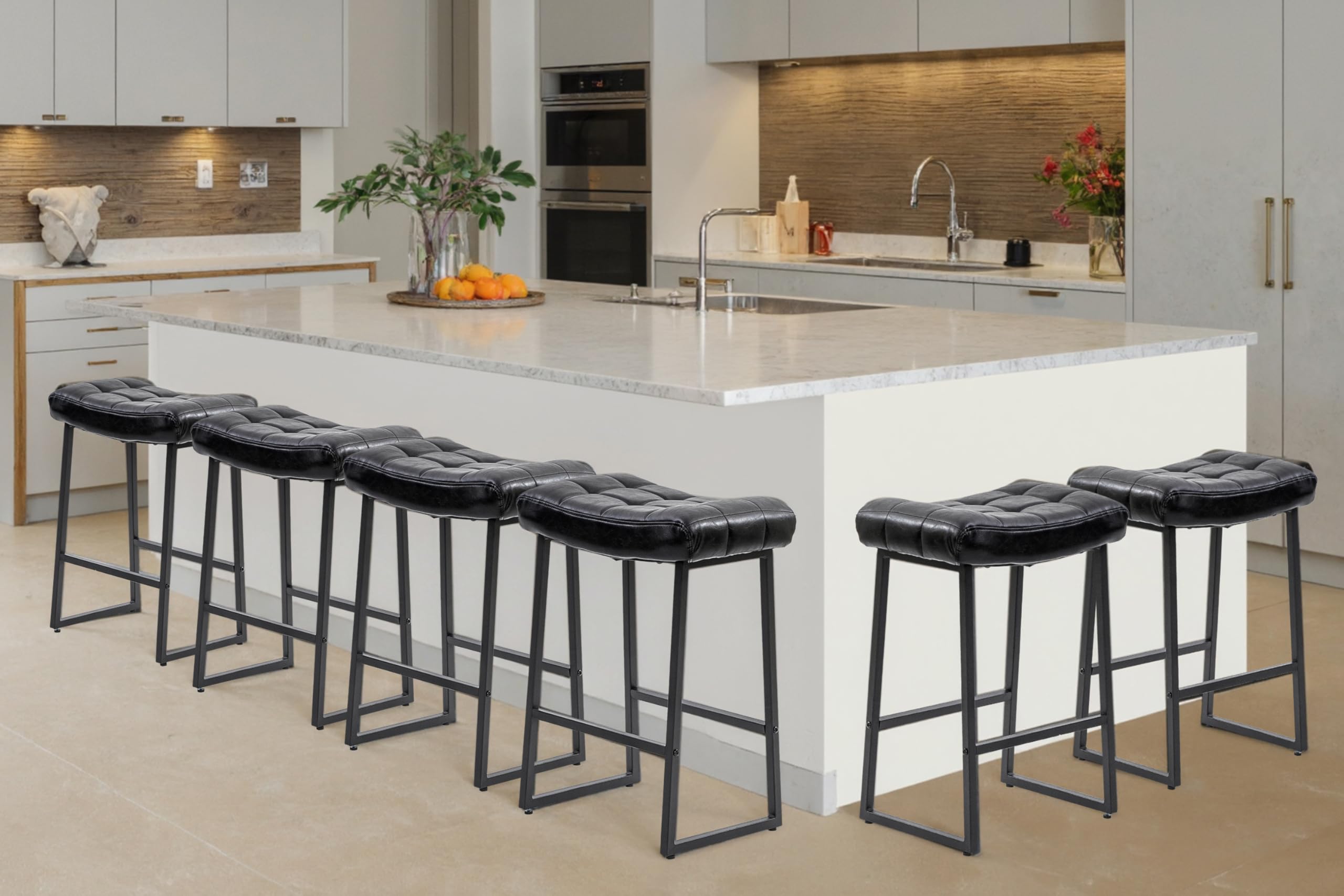 Black Bar Stools Set of 6 for Kitchen Island Counter Height Stools Modern Backless Barstools with Upholstered Faux Leather Saddle Seat and Metal Frame Industrial Bar Chairs, 24 inch
