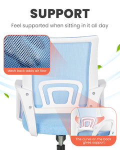 Office Desk Computer Chair Ergonomic Mesh Gaming Cushion Seat with Comfy Lumbar Mid Back Support Adjustable Height Swivel Rolling Wheels for Home Task (Sky Blue)