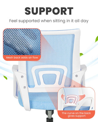 Office Desk Computer Chair Ergonomic Mesh Gaming Cushion Seat with Comfy Lumbar Mid Back Support Adjustable Height Swivel Rolling Wheels for Home Task (Sky Blue)