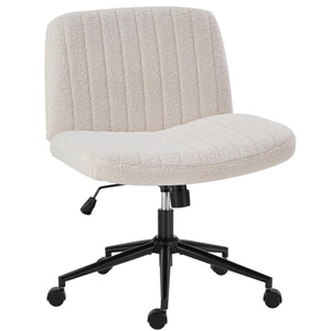 Criss Cross Chair with Wheels Wide Cross Legged Office Desk Vanity Chair Comfy Fabric Armless Adjustable Swivel for Home Computer Task Teddy Beige