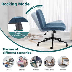 Criss Cross Chair with Wheels Wide Cross Legged Office Desk Vanity Chair Comfy Fabric Armless Height Adjustable Swivel for Home Computer Task Blue