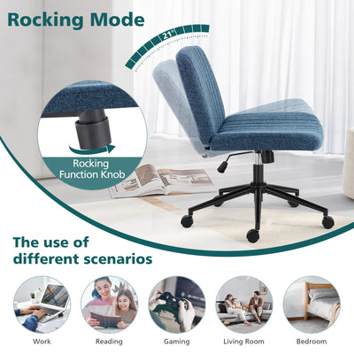 Criss Cross Chair with Wheels Wide Cross Legged Office Desk Vanity Chair Comfy Fabric Armless Height Adjustable Swivel for Home Computer Task Blue